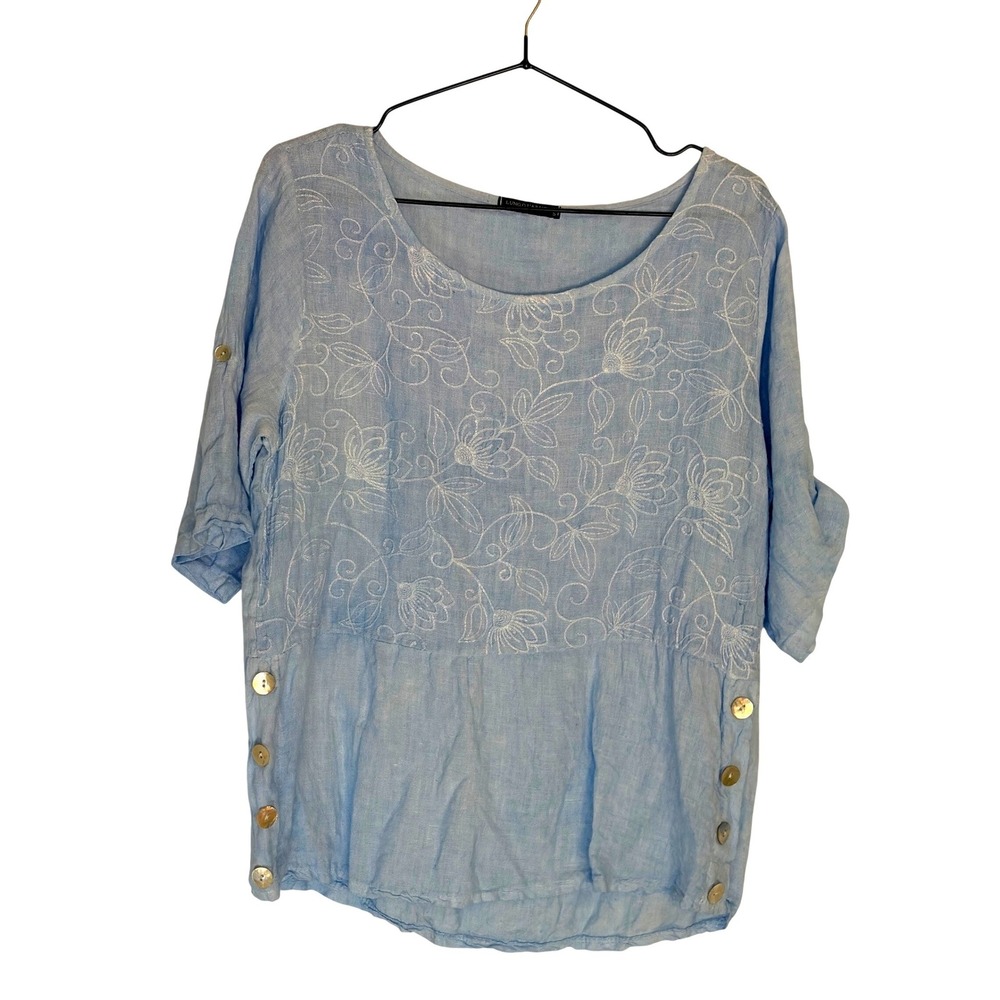 Lungo LArno Womens Boho Linen Made in Italy Blouse Embroidered S Blue Coastal